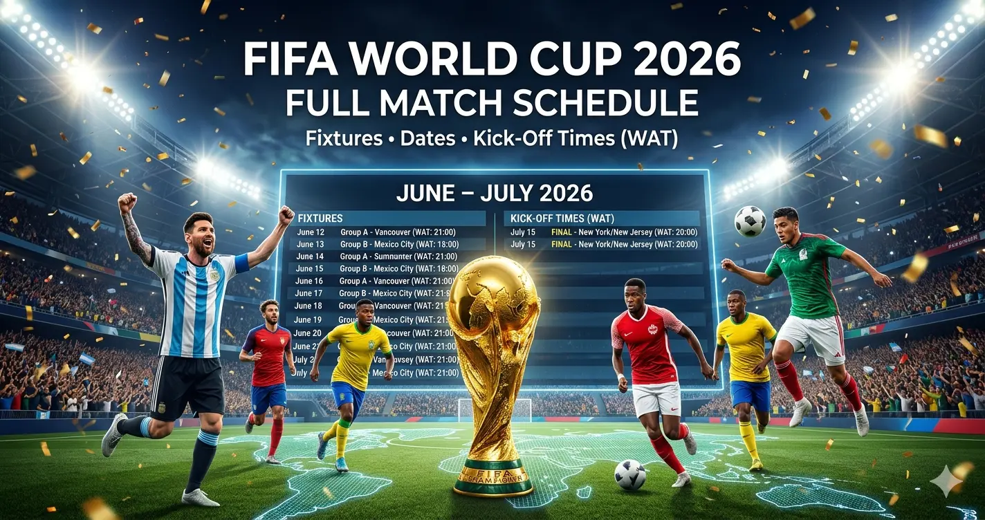 FIFA World Cup 2026 schedule featuring tournament fixtures, match dates and kick-off times in WAT